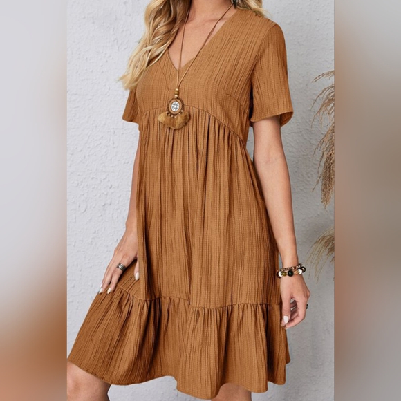 Full Size Ruched V-Neck Short Sleeve Caramel Dress - Picture 2 of 5